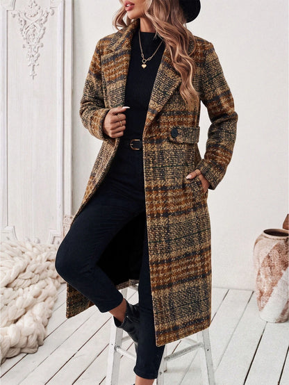 Josephine Belted Notched Collar Double-Breasted Long Coat - Brown Plaid