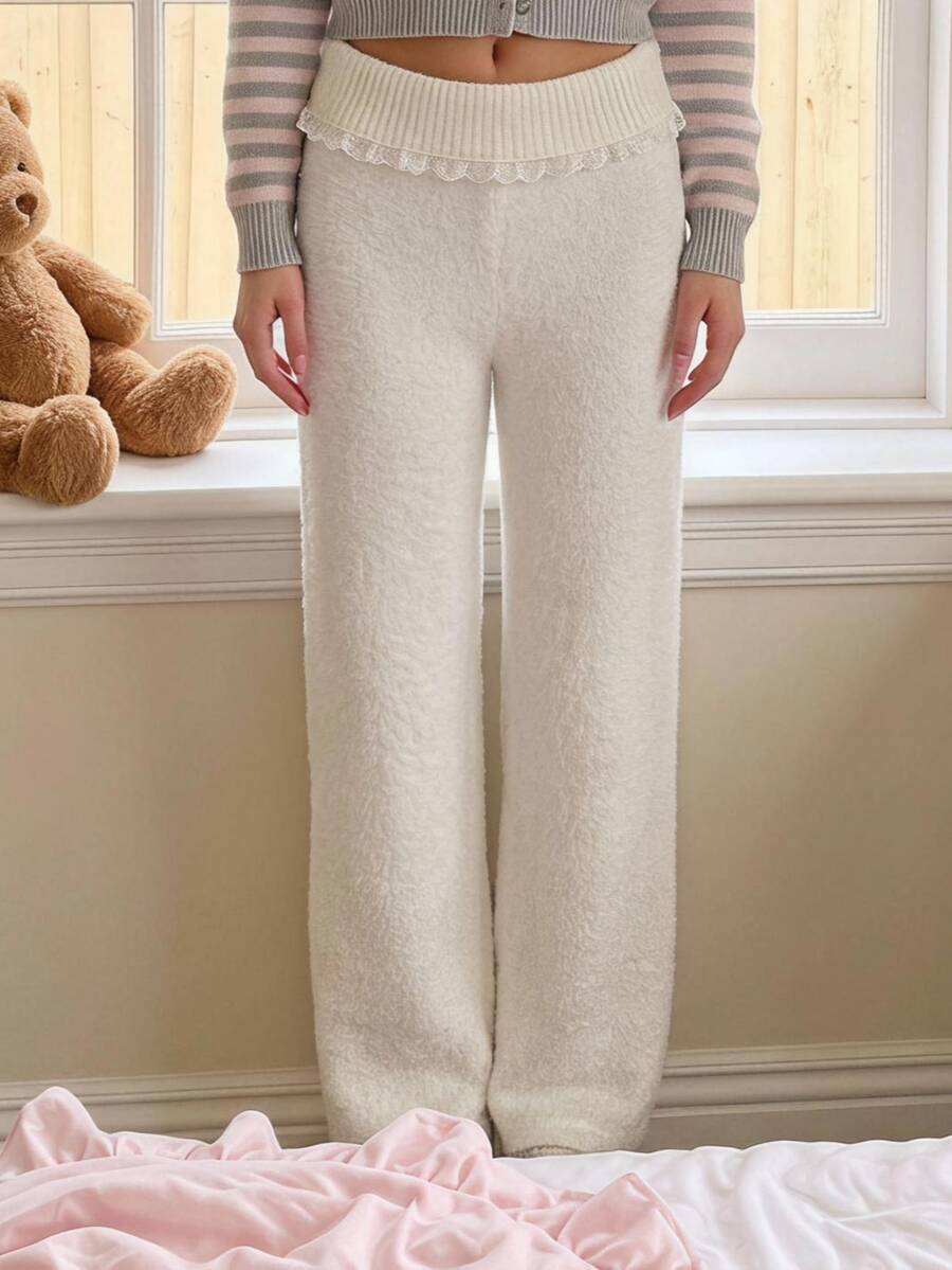 Rosalba Ribbed Knit Fold-Over Waist Flare Pants - White