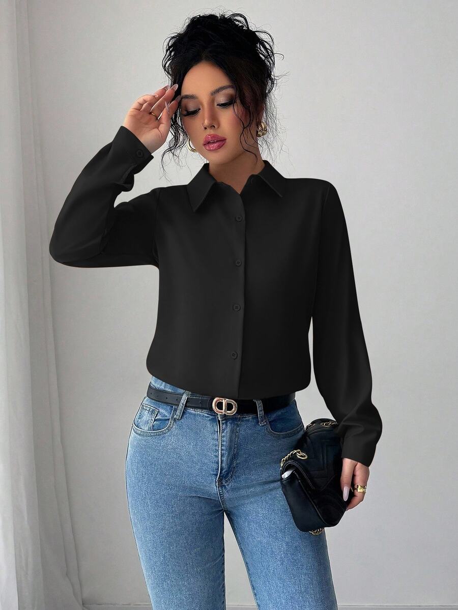 Pia Button Front Long Sleeve Blouse Classic Collared Shirt - Black