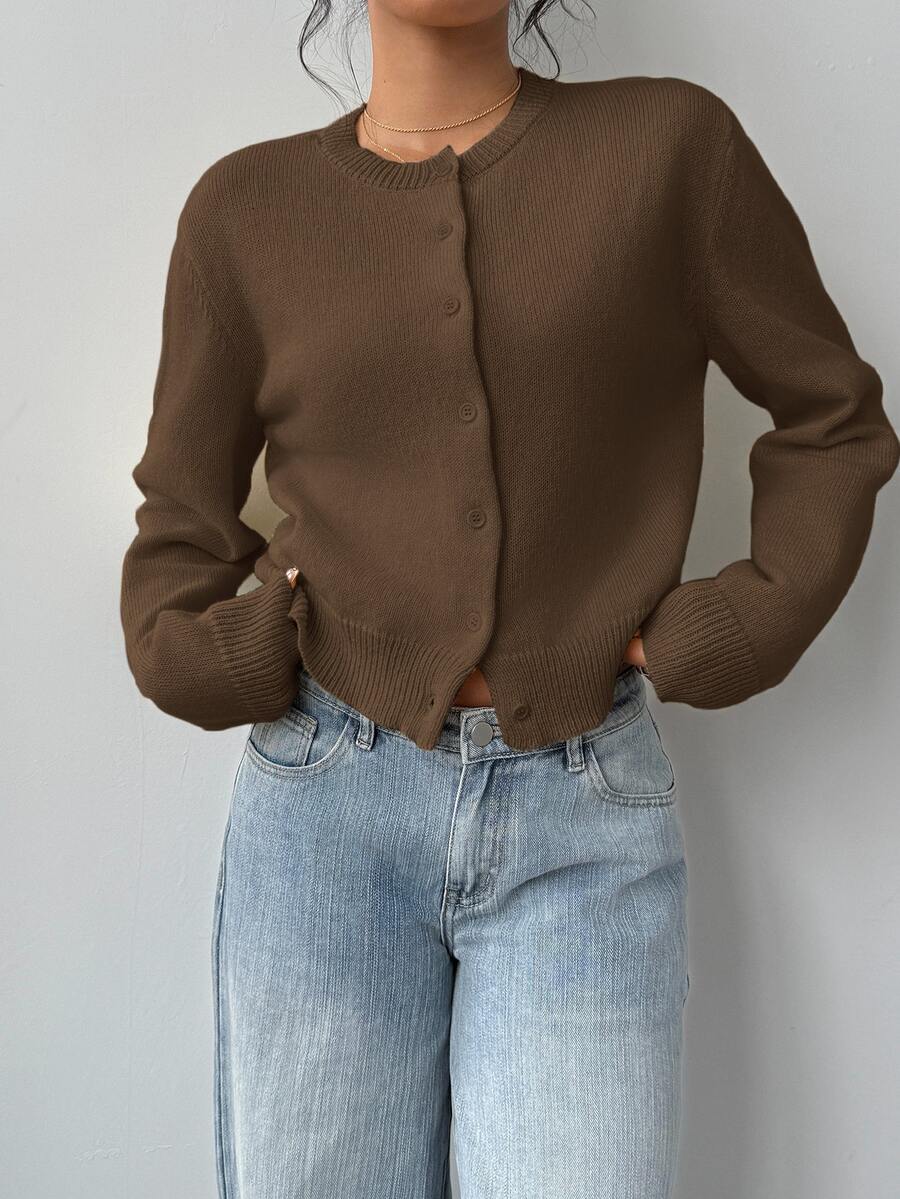 Elowen Round Neck Cropped Cardigan - Brown