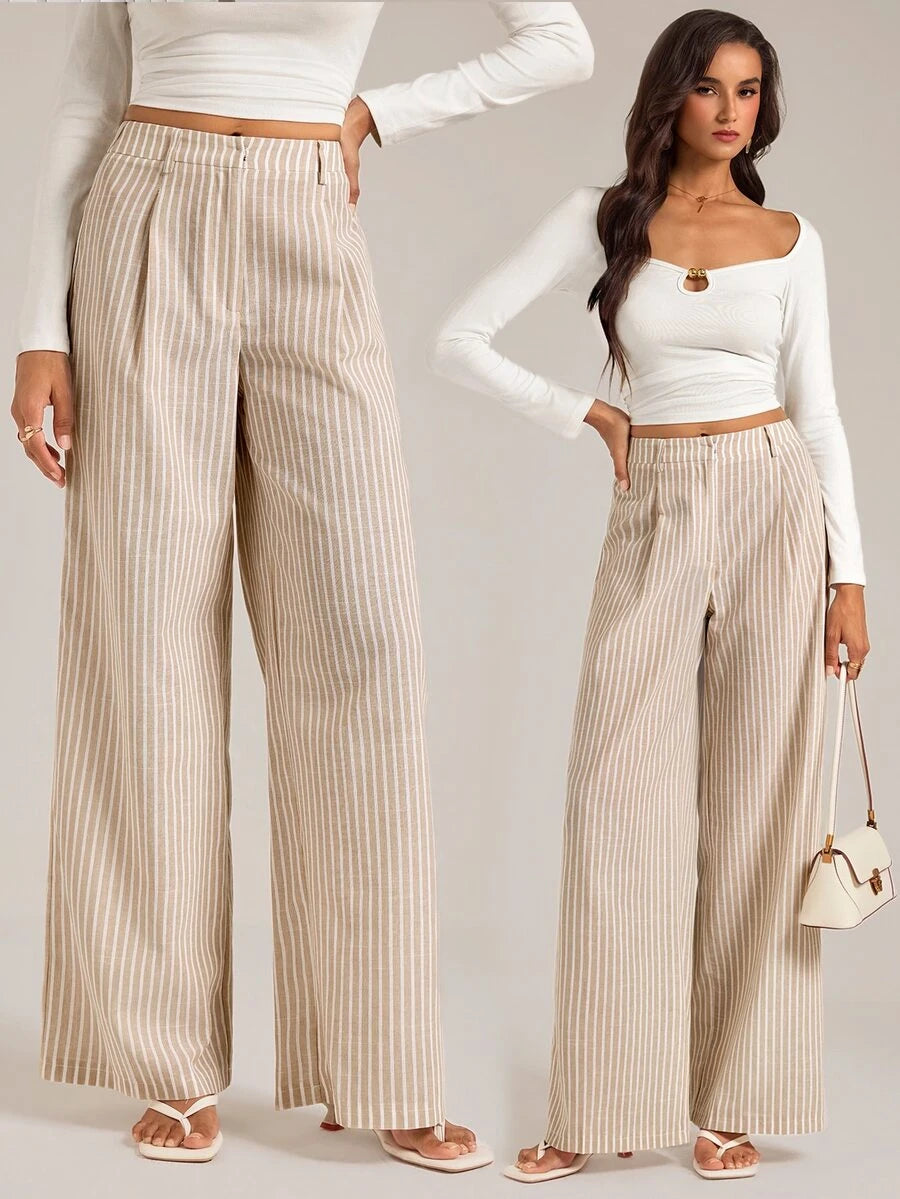 Isla High Waisted Wide Leg Pants with Pleated Front - Oatmeal Stripe