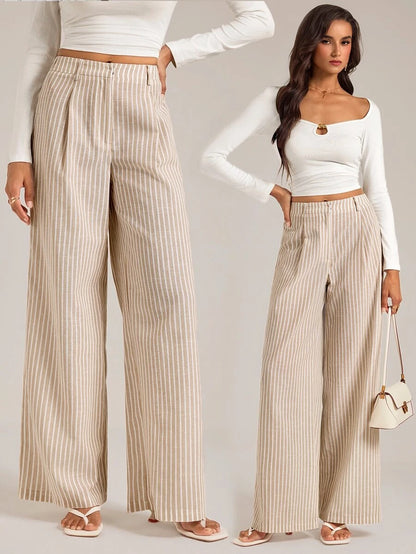 Isla High Waisted Wide Leg Pants with Pleated Front - Oatmeal Stripe