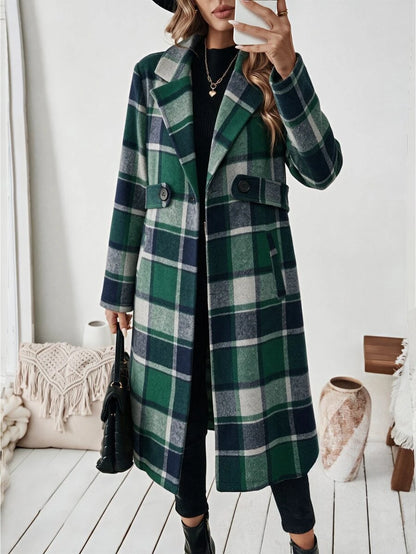 Josephine Belted Notched Collar Double-Breasted Long Coat - Green Plaid