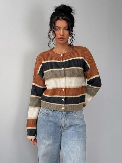 Elowen Round Neck Cropped Cardigan - Brown