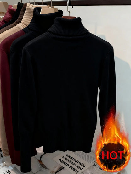 Penelope Thermal Lined Fitted High Neck Knit Sweater - Beige