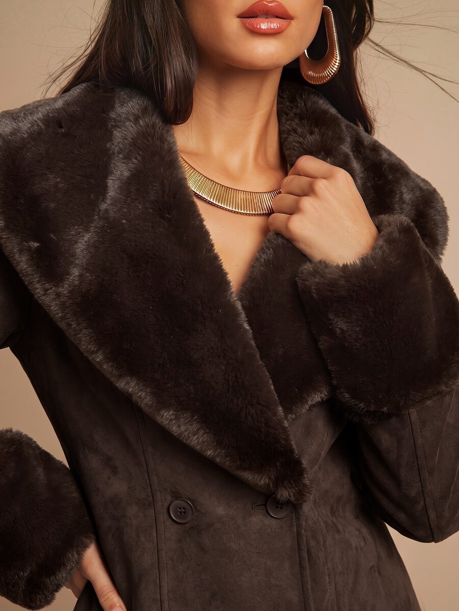 Saint Moritz Faux Fur Collar Double Breasted Faux Leather Jacket