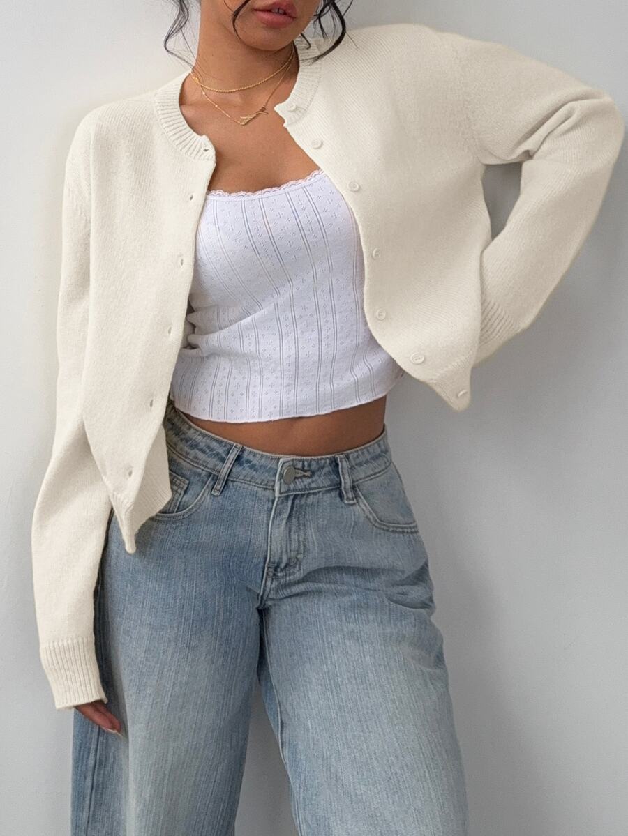 Elowen Round Neck Cropped Cardigan - Beige