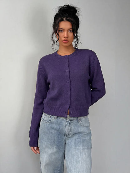 Elowen Round Neck Cropped Cardigan - Burgundy