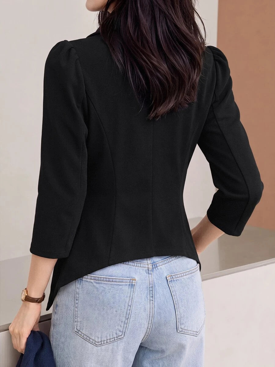 Octavia Waterfall Collar Open Front Asymmetric Hem Knit Blazer - Black