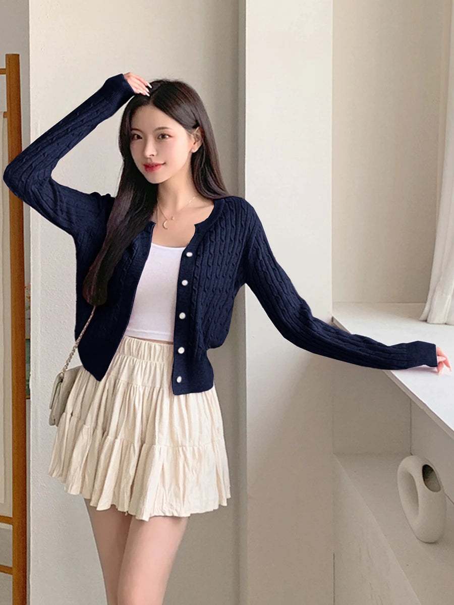 Women's Fitted V-Neck Button Front Cardigan, Twist Knit Sweater for Work and Fall - Grey