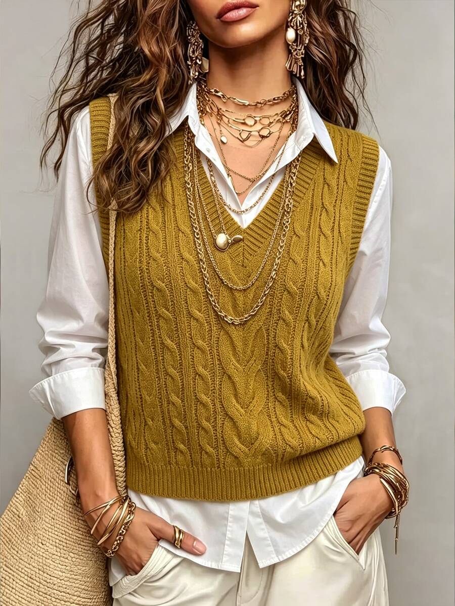 Winifred Classic Cable Knit V-Neck Sleeveless Sweater Vest - Mustard