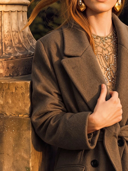 Valeska Belted Double-Breasted Lapel Long Coat with Pockets - Olive Green