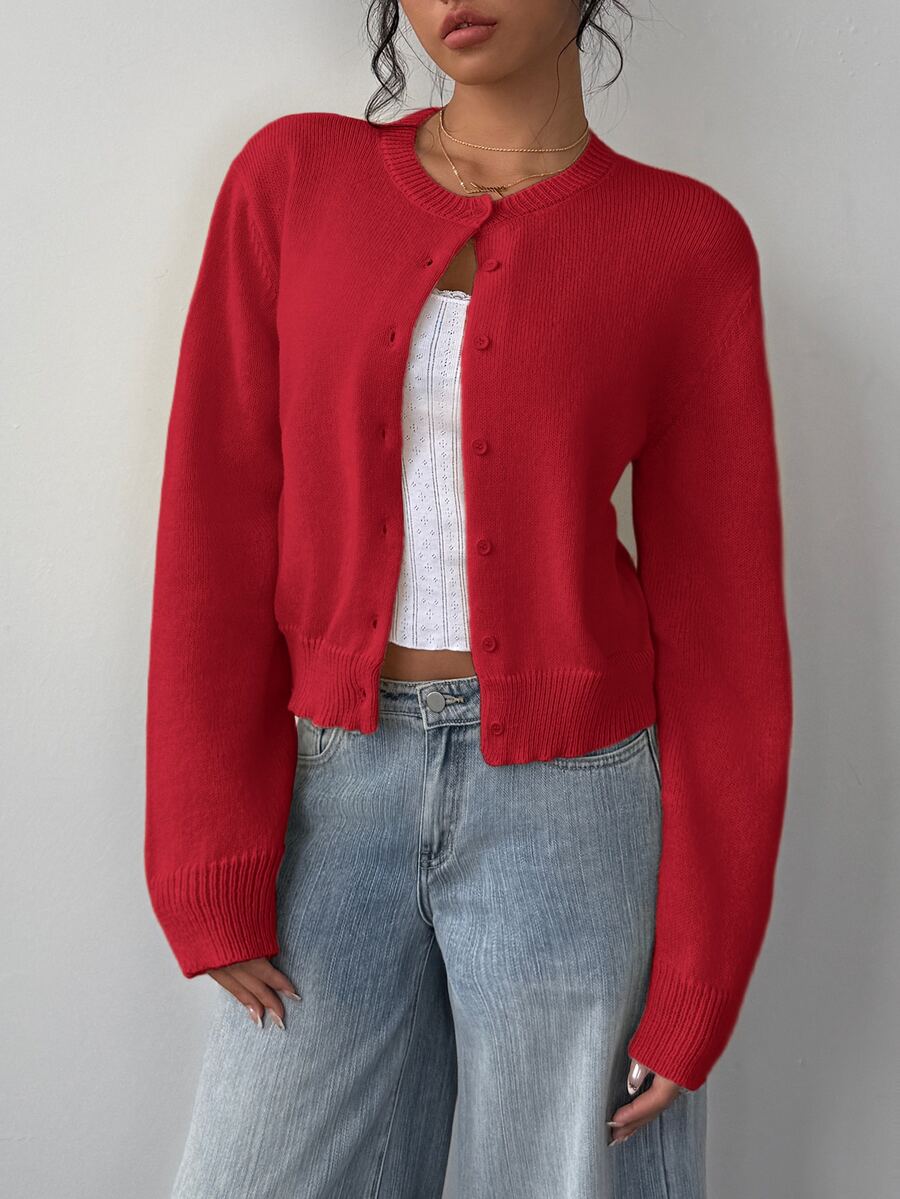 Elowen Round Neck Cropped Cardigan - Burgundy