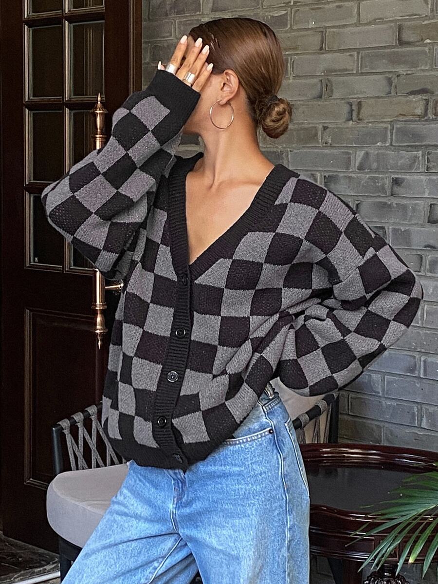 Waverly Checkerboard Knit Cardigan - Black