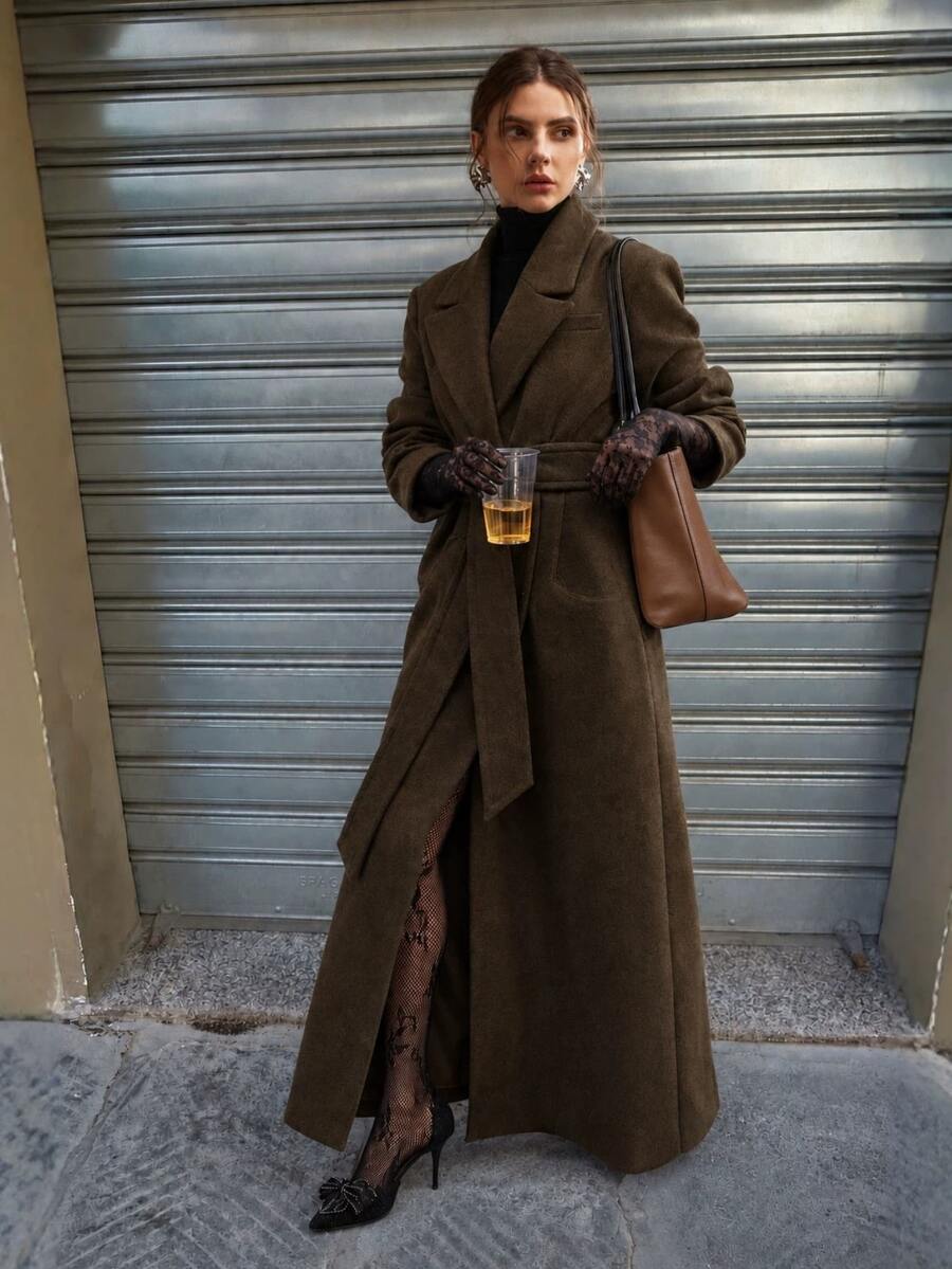 Heidelberg Belted Double Breasted Long Wrap Coat with Pockets - Chocolate Brown