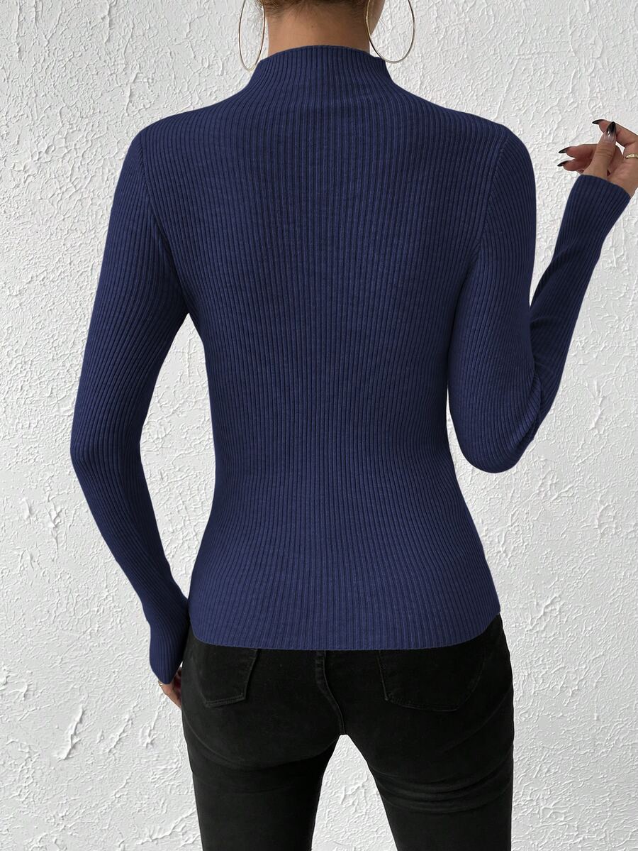 Verity Slim Ribbed Mock Neck Sweater Long Sleeve Pullover - Navy