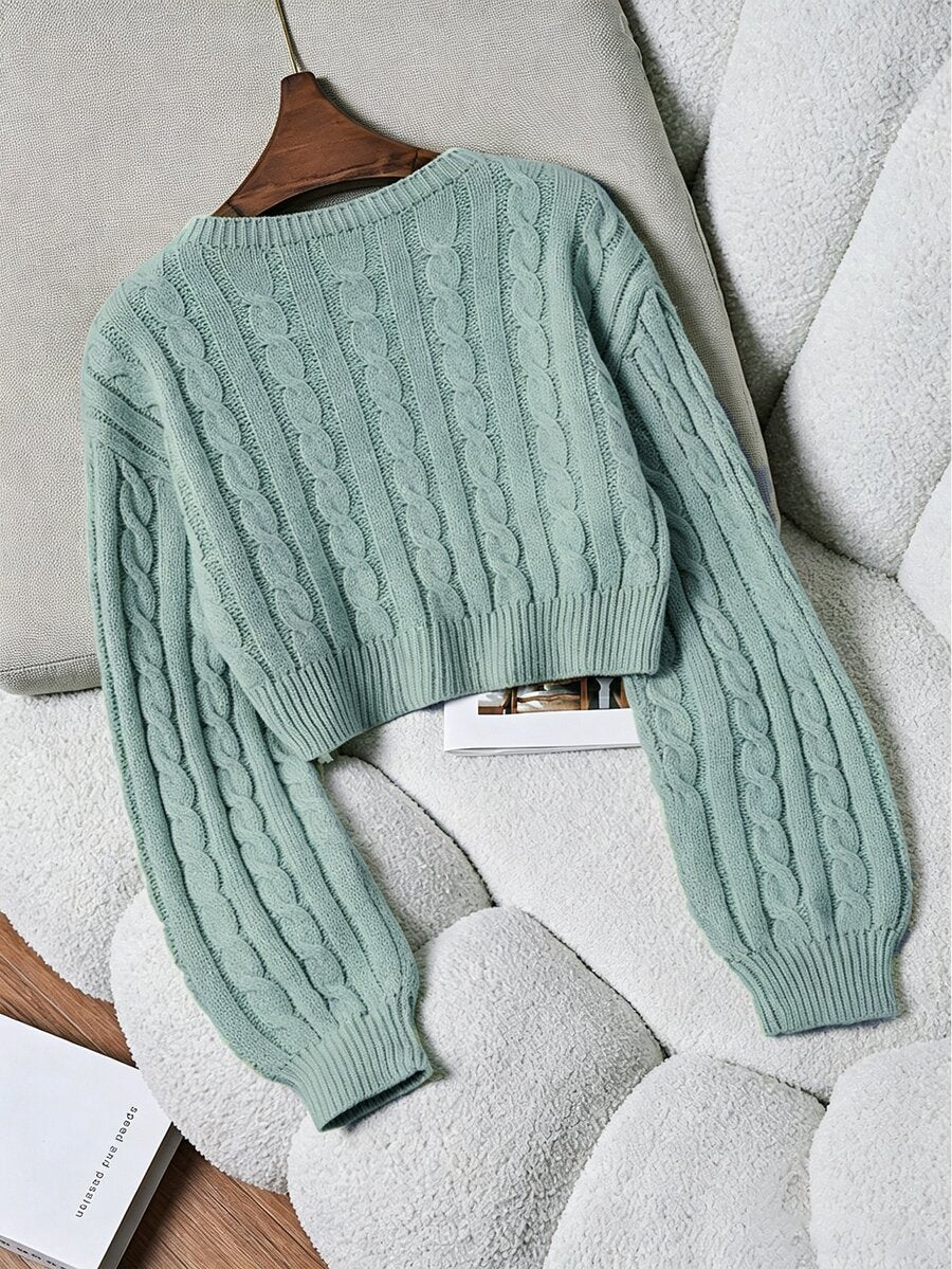 Oriana Cropped Cable Knit Sweater with Crew Neck - Sage Green