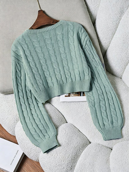 Oriana Cropped Cable Knit Sweater with Crew Neck - Sage Green