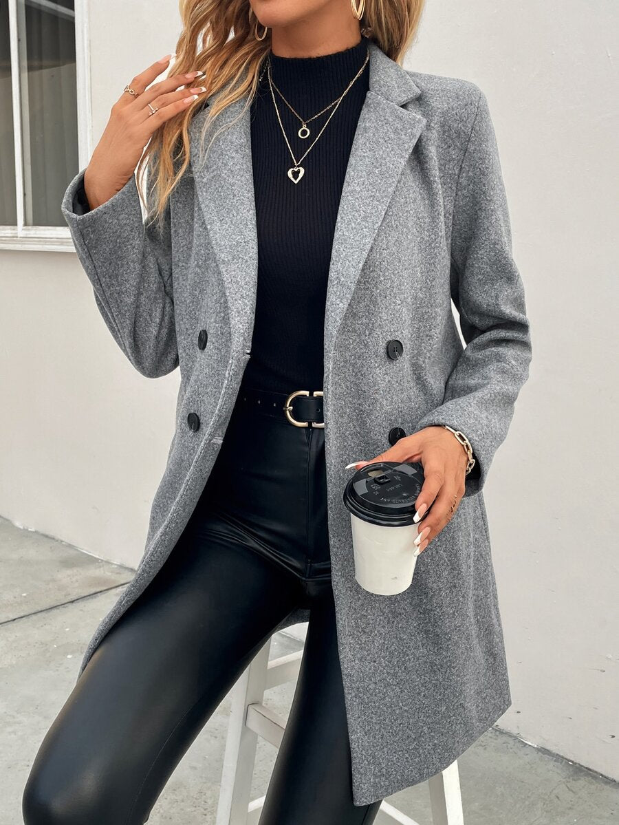 Aveline Double-Breasted Lapel Coat with Tailored Thigh-Length Cut - Navy Blue