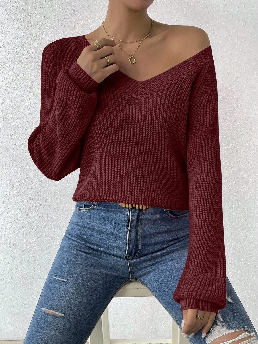 Aarhus V Neck Raglan Sleeve Ribbed Knit Sweater