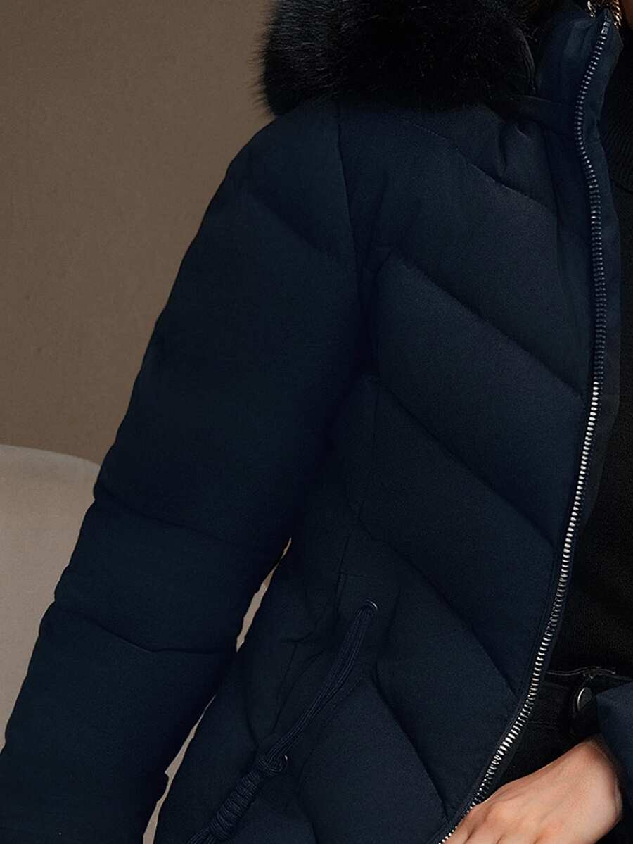 Blythe Faux Fur Trim Hooded Puffer Coat with Zip Front - Navy