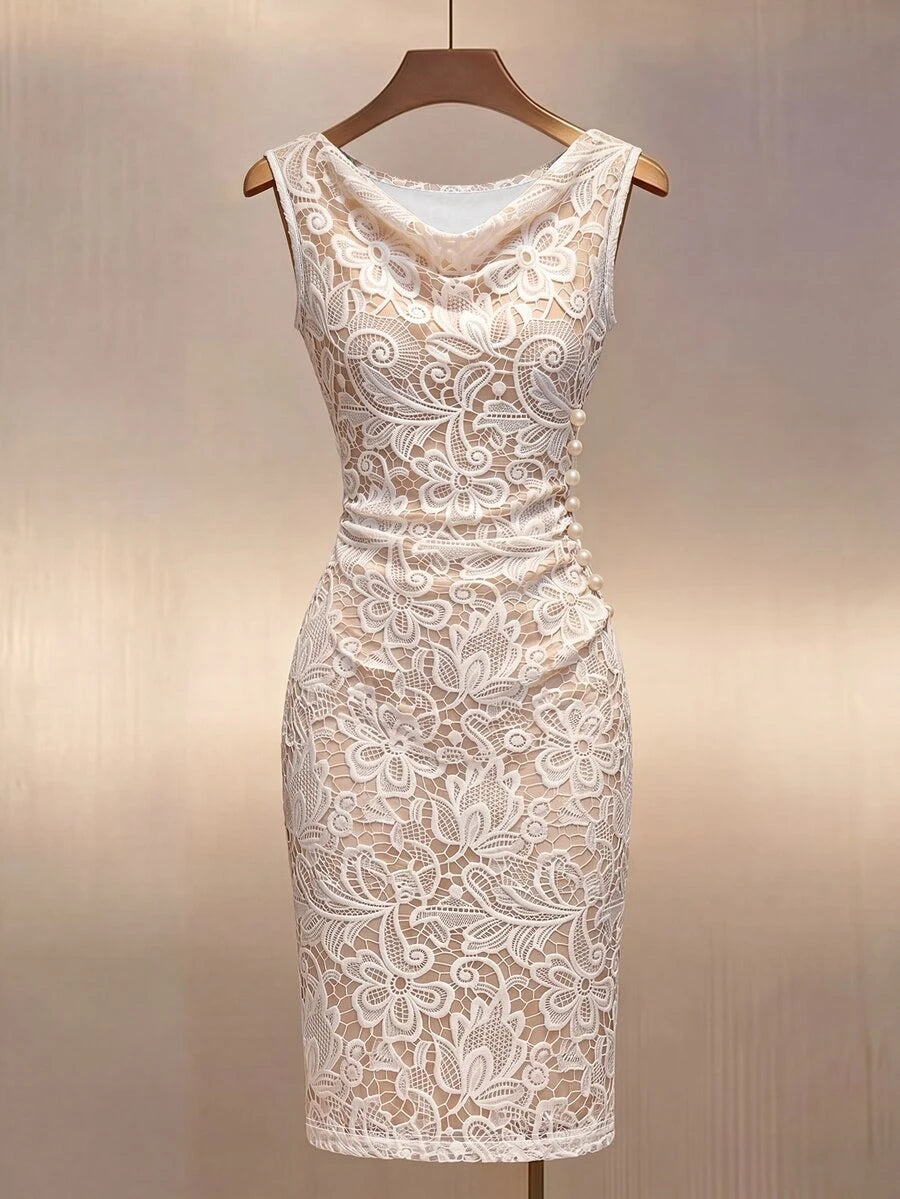 Women's Satin Cowl Neck Midi Dress, Ruched Silky Dress for Wedding Guest and Evening - Champagne
