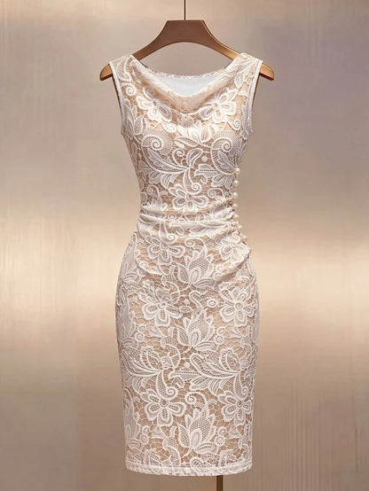 Women's Satin Cowl Neck Midi Dress, Ruched Silky Dress for Wedding Guest and Evening - Champagne