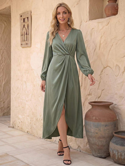 Bariloche Satin Wrap Maxi Dress with Lantern Sleeves - Green