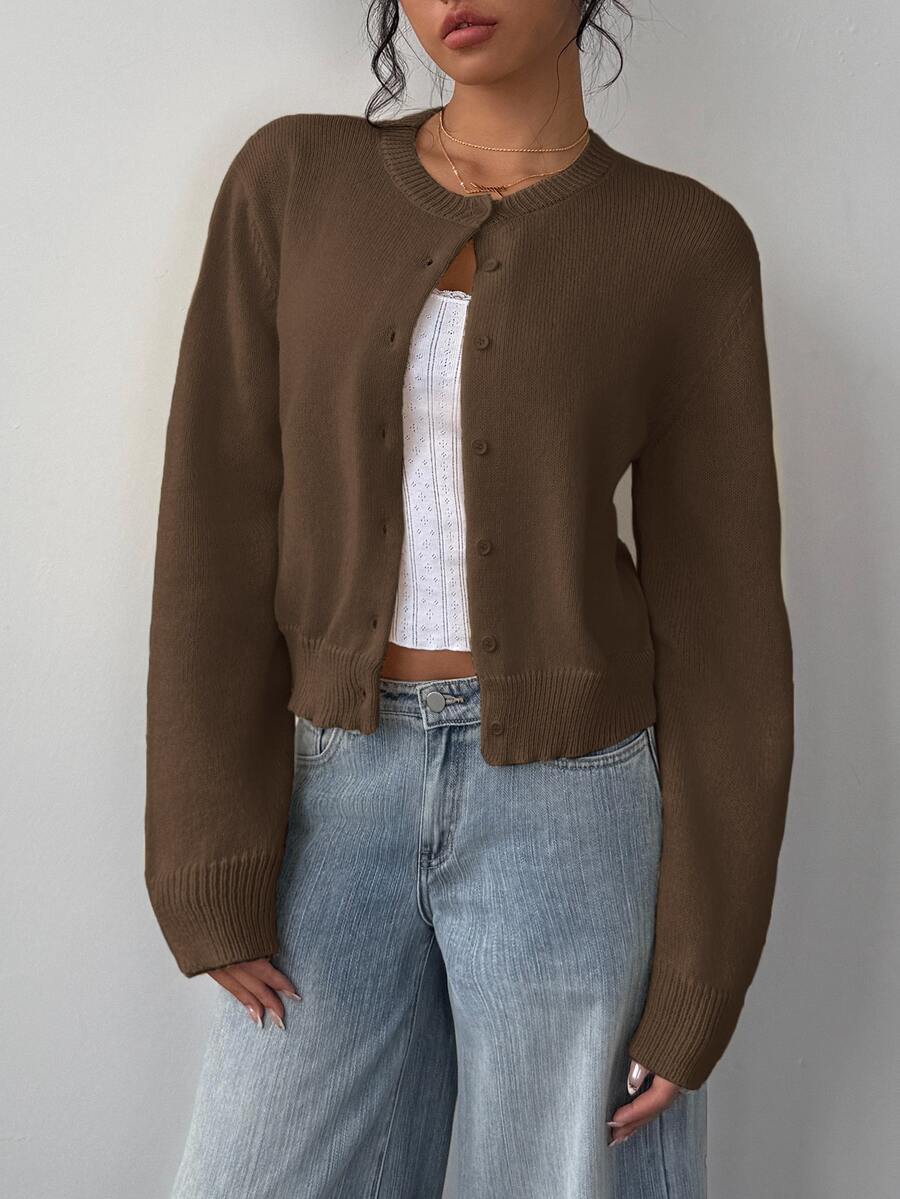 Elowen Round Neck Cropped Cardigan - Brown