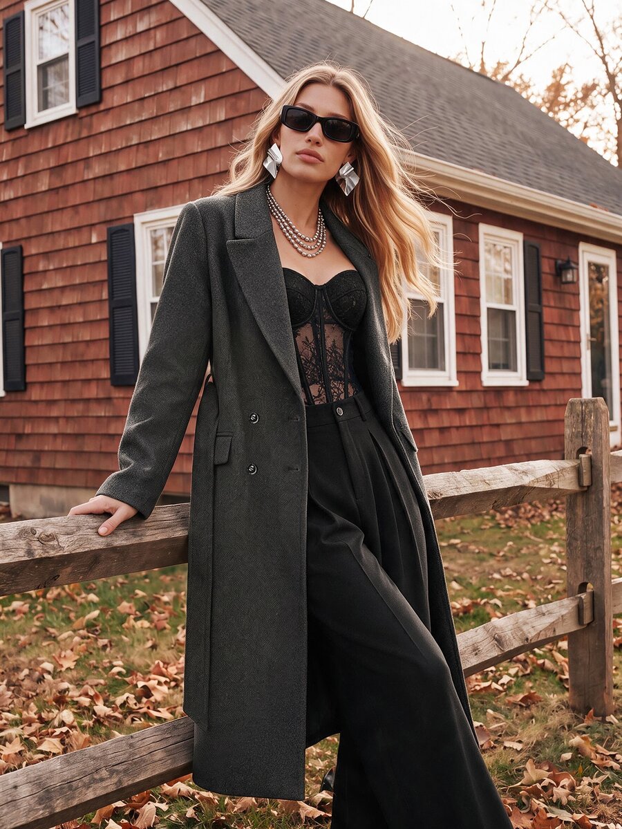 Heidelberg Belted Double Breasted Long Wrap Coat with Pockets