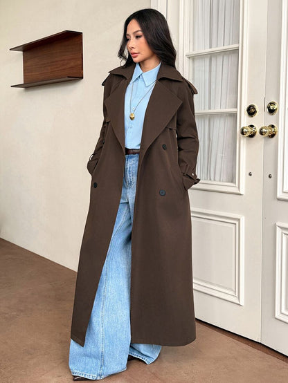 Madeleine Relaxed Double-Breasted Belted Long Trench Coat - Dark Brown