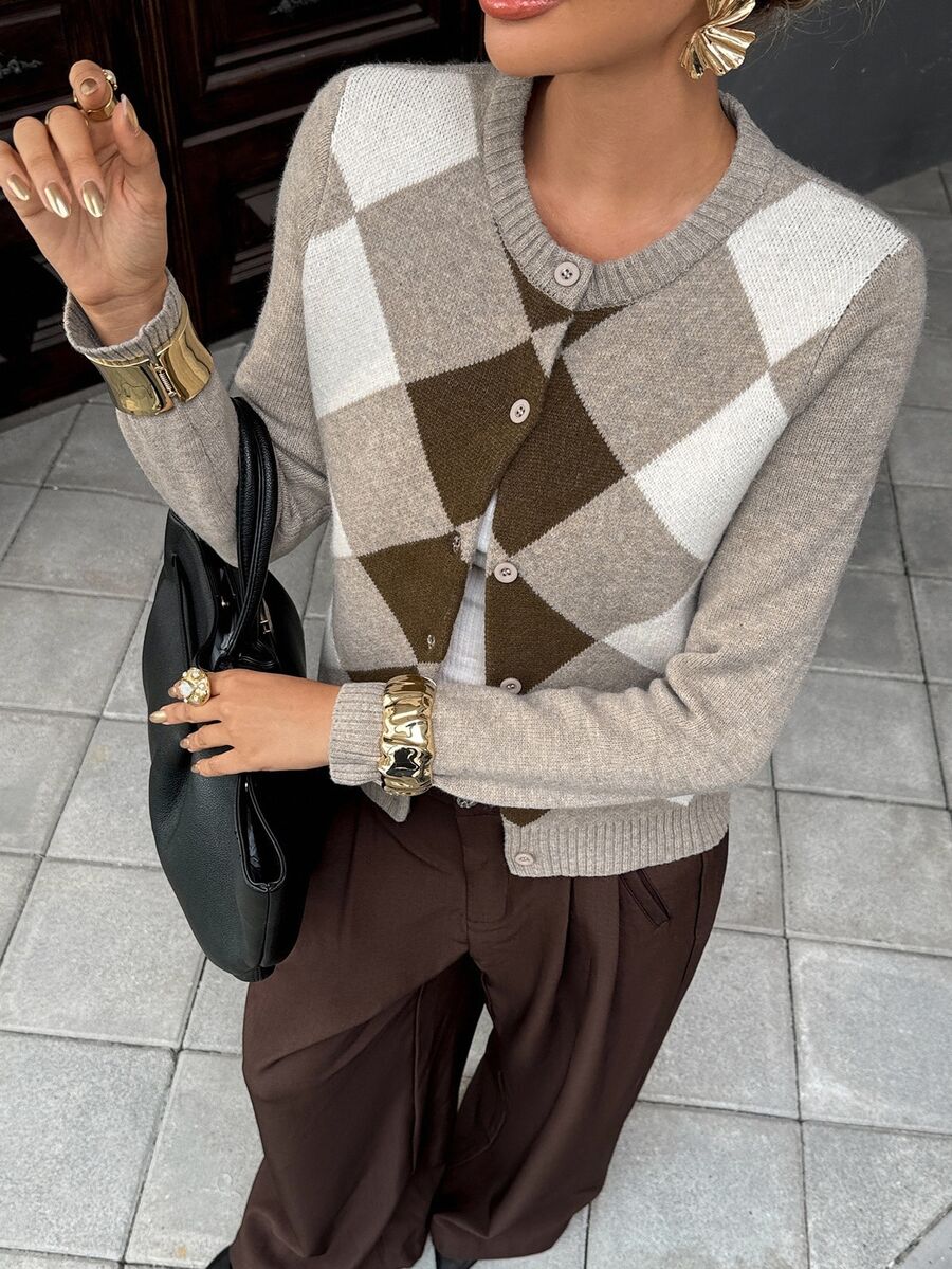 Liliane Plaid Knit Crew Neck Button Front Cardigan - Multicolor