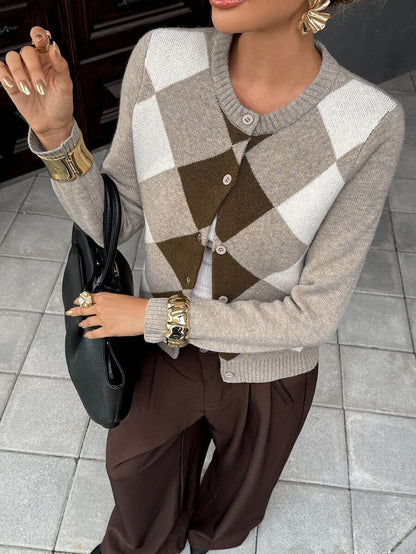 Liliane Plaid Knit Crew Neck Button Front Cardigan - Multicolor