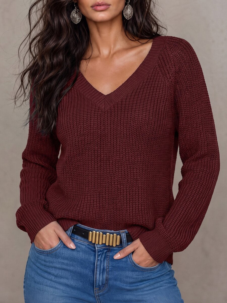 Aarhus V Neck Raglan Sleeve Ribbed Knit Sweater