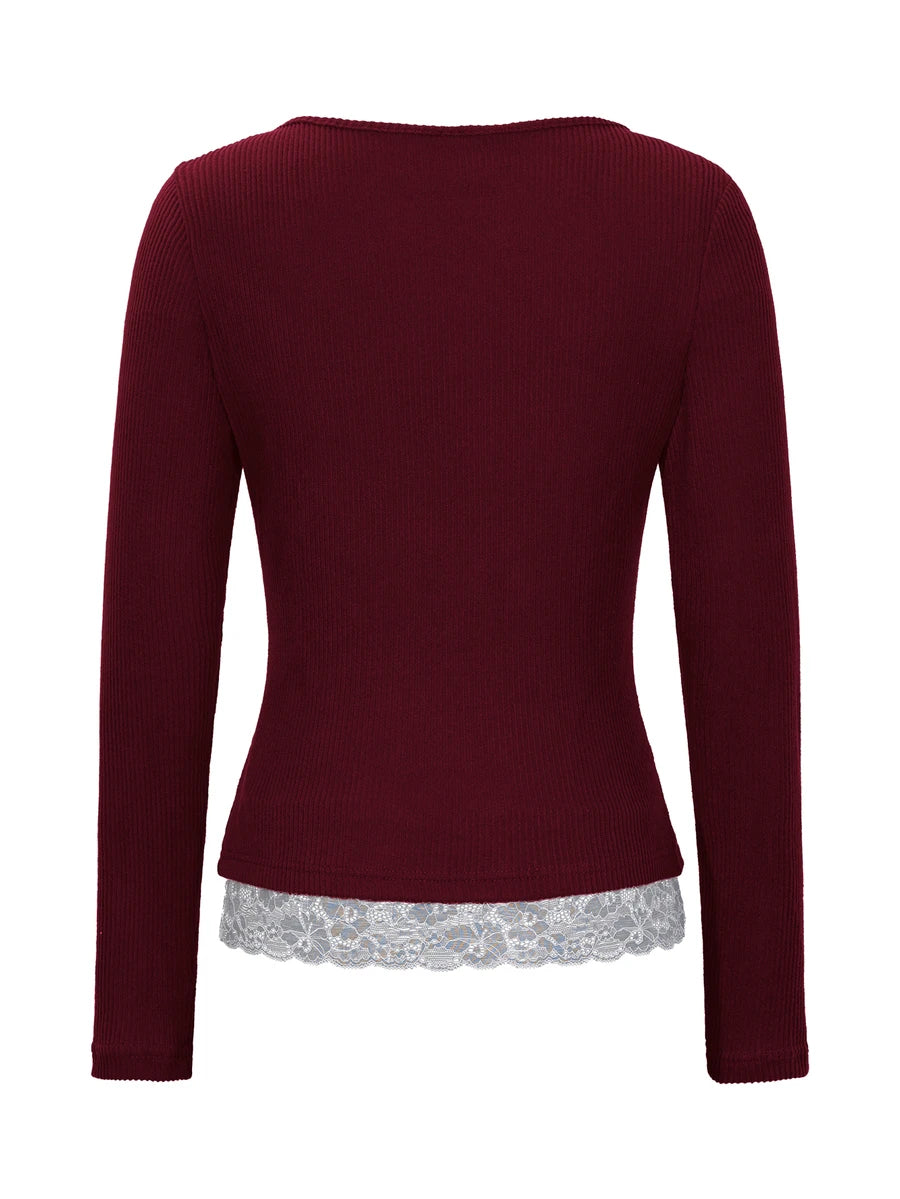 Asheville Lace Trim Layered Look Ribbed Long Sleeve Top