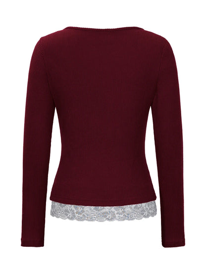 Asheville Lace Trim Layered Look Ribbed Long Sleeve Top