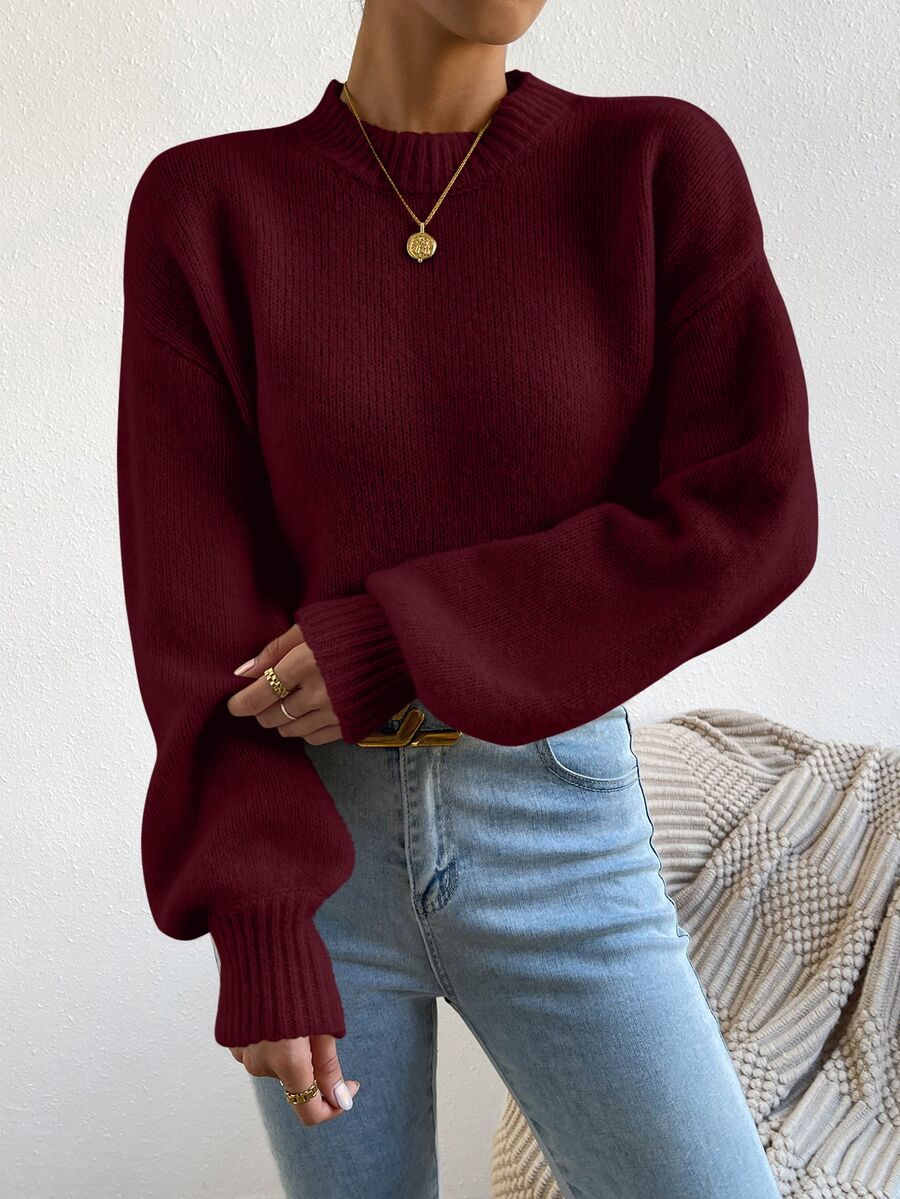 Viola Relaxed Mock Neck Sweater with Drop Shoulders - Burgundy