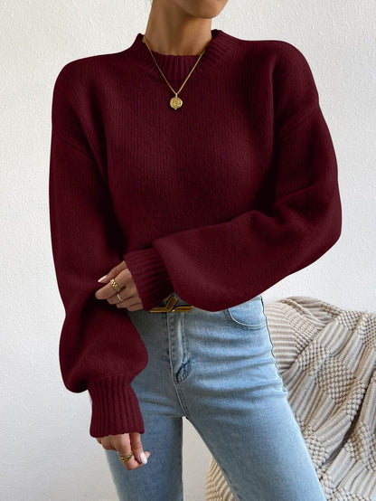 Viola Relaxed Mock Neck Sweater with Drop Shoulders - Burgundy