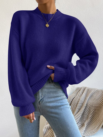 Viola Relaxed Mock Neck Sweater with Drop Shoulders - Indigo