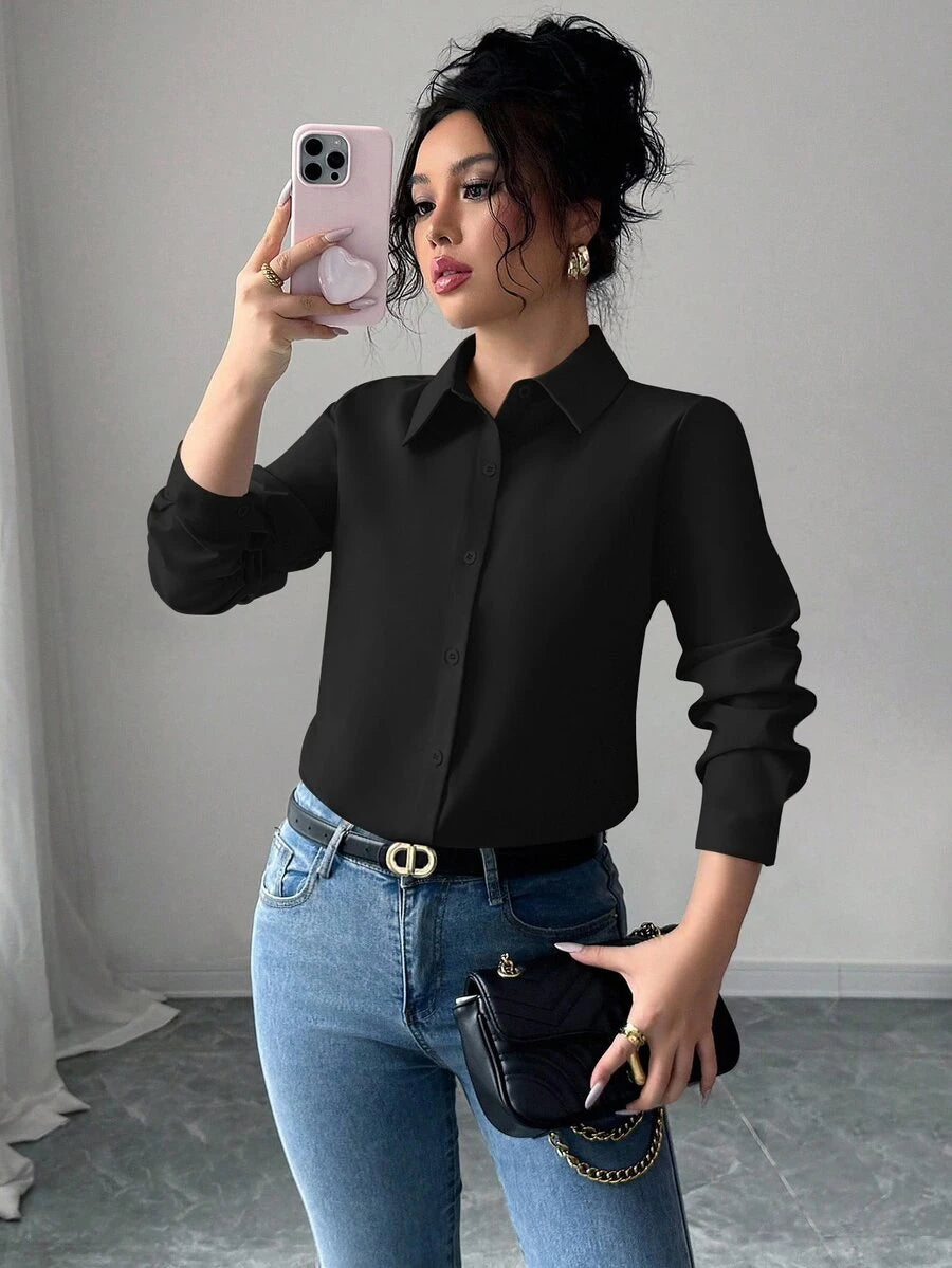 Pia Button Front Long Sleeve Blouse Classic Collared Shirt - Black