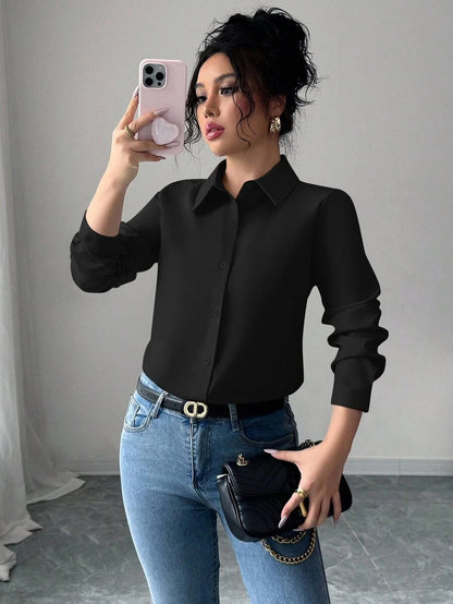 Pia Button Front Long Sleeve Blouse Classic Collared Shirt - Black