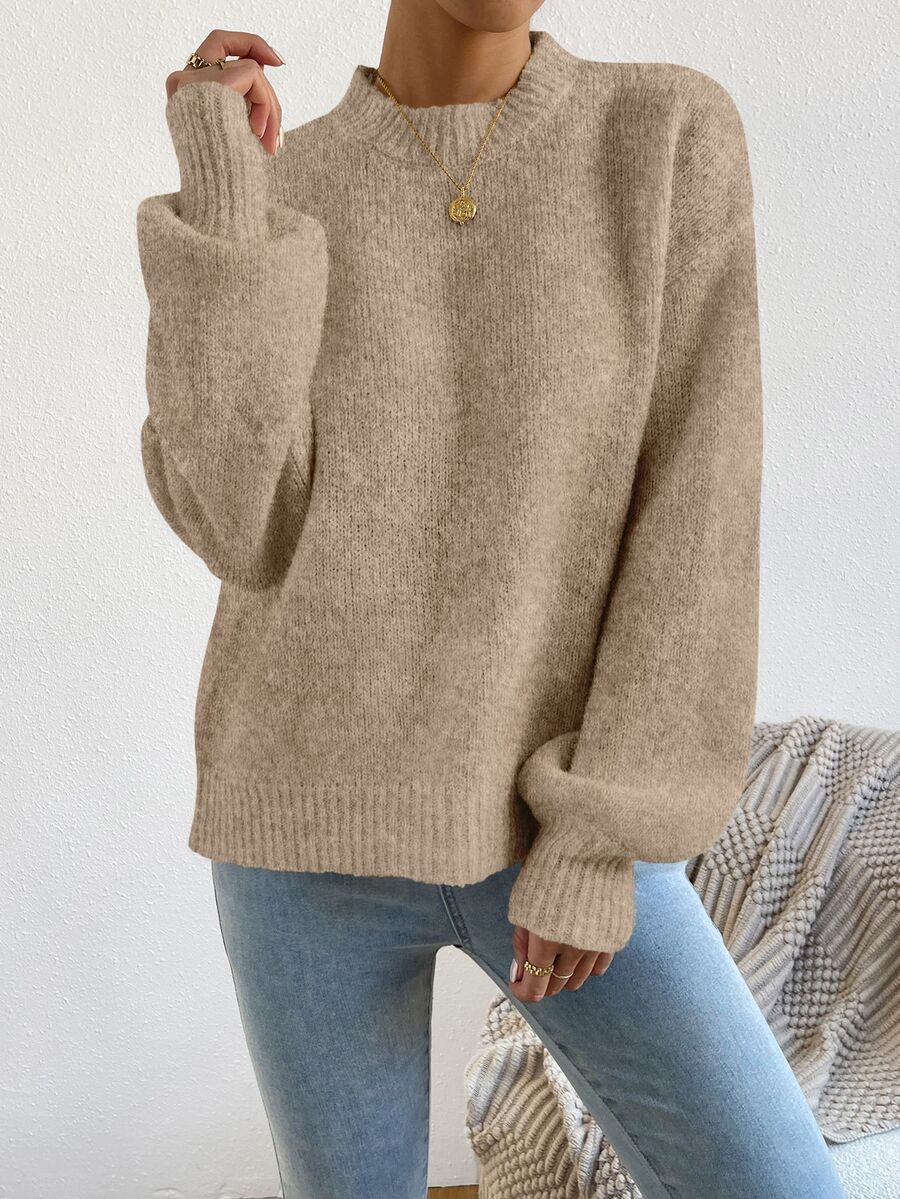Viola Relaxed Mock Neck Sweater with Drop Shoulders - Camel
