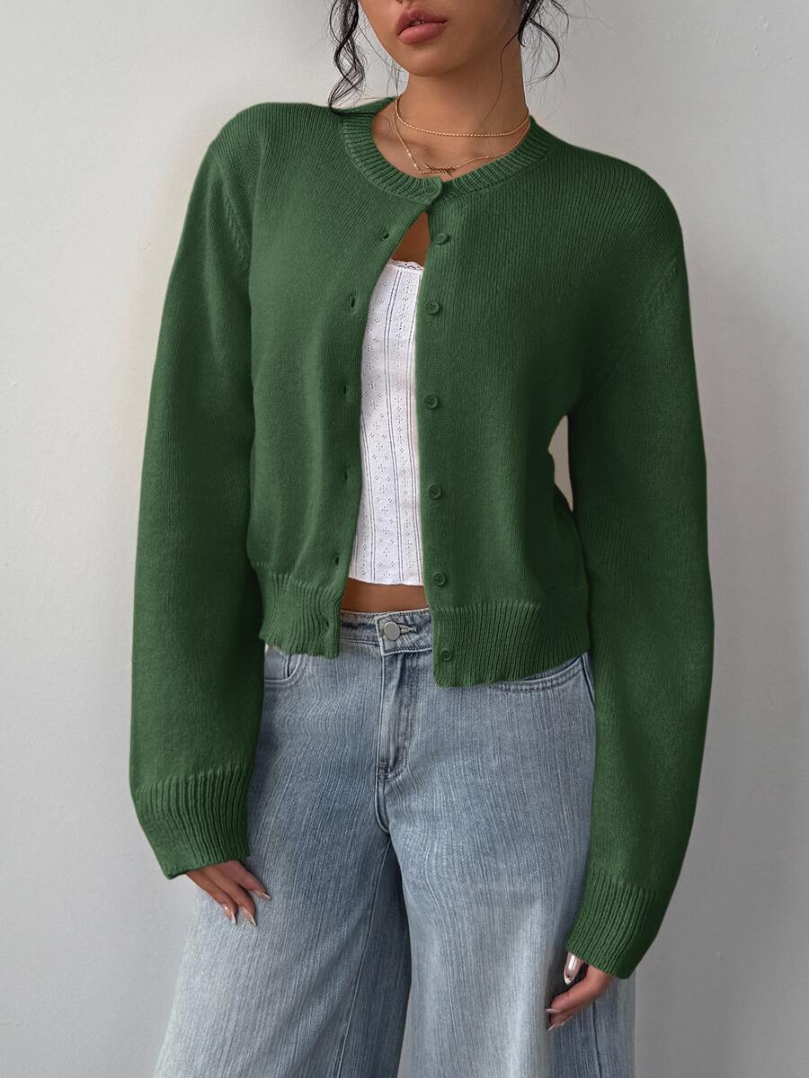 Elowen Round Neck Cropped Cardigan - Green