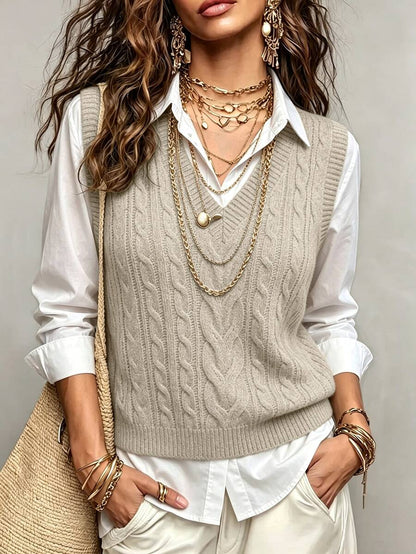 Winifred Classic Cable Knit V-Neck Sleeveless Sweater Vest - Stone