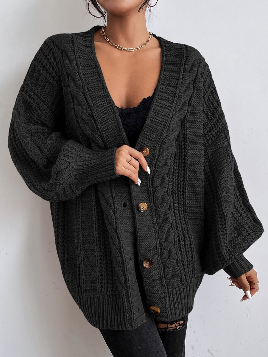 Adelaide Cable Knit Bishop Sleeve Cardigan - Brown