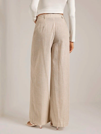 Isla High Waisted Wide Leg Pants with Pleated Front - Oatmeal Stripe