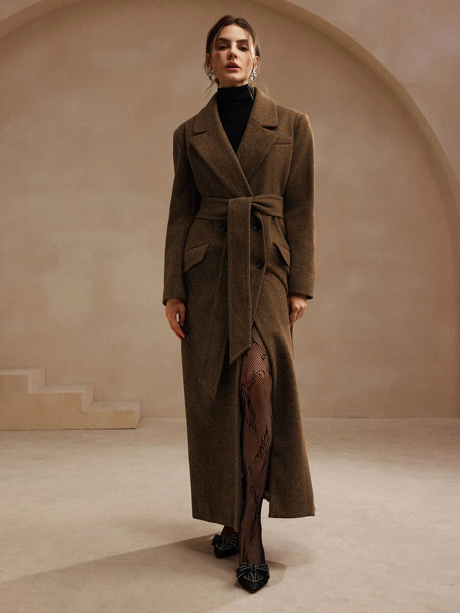 Valeska Belted Double-Breasted Lapel Long Coat with Pockets - Brown