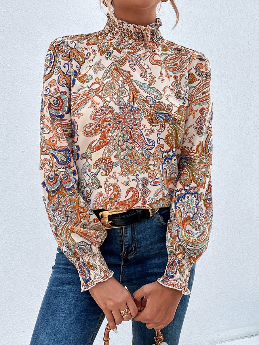 Trieste Paisley Print Frill Trim Mock Neck Blouse