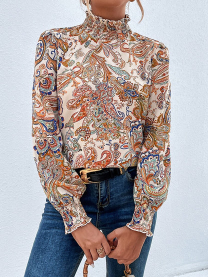 Trieste Paisley Print Frill Trim Mock Neck Blouse