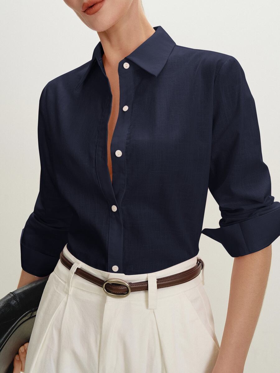 Arabella Classic Collared Button Down Long Sleeve Cotton Shirt - Navy Blue